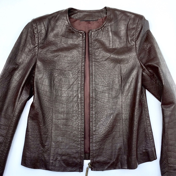 Cynthia Steffe New York Brown Leather Mock Croc Zip Front Crop Jacket Vintage - Picture 6 of 8